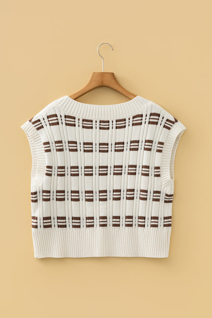 White Contrast Geometric Textured Knit V Neck Cropped Sweater Vest - Cowaa