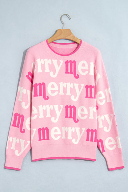 Pink All Over Merry Me Graphic Round Neck Knit Sweater