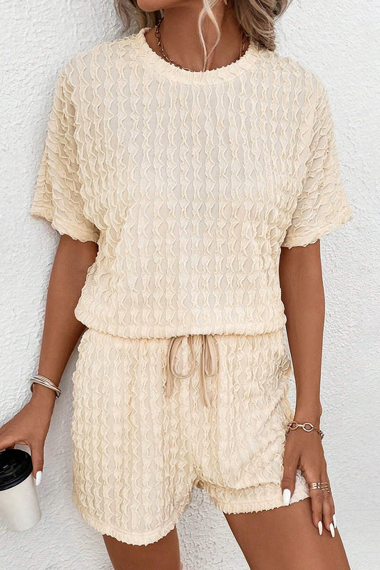 Beige Textured Tee & Drawstring Shorts Set - Cowaa