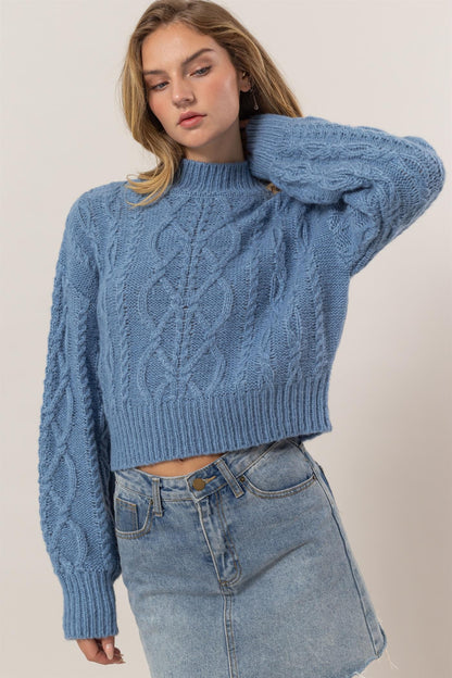 Blue Cable-Knit Mock Neck Dropped Shoulder Sweater