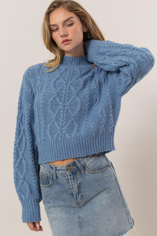 Blue Cable-Knit Mock Neck Dropped Shoulder Sweater
