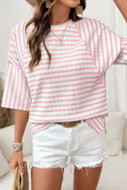 Pink Stripe Textured Knit Split Hem Half Sleeve Loose Top - Cowaa