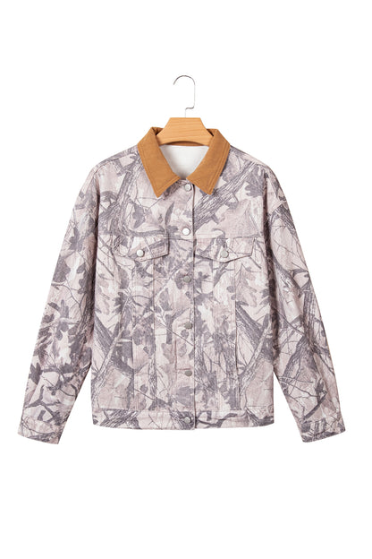 Gray Abstract Camo Print Colorblock Collar Oversized Shift Silhouette Denim Jacket