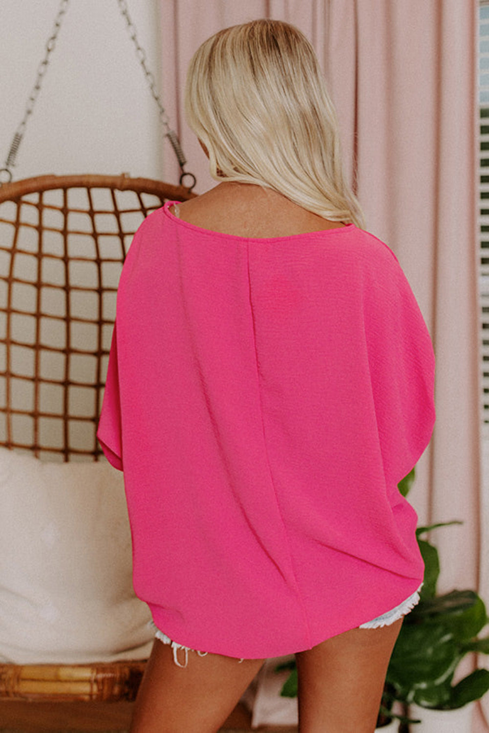 Apricot Solid Casual Smocked Cuffs Batwing Sleeve Blouse - Cowaa