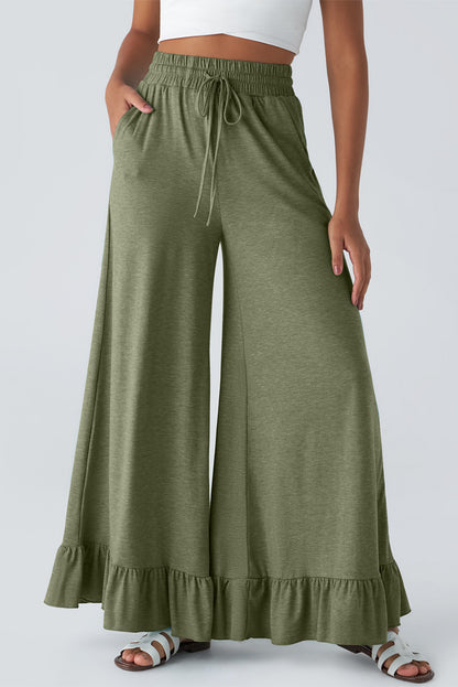 Dune Solid Color Ruffle Hem Wide Leg Pants - Cowaa