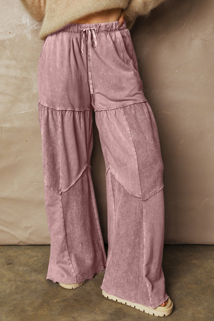 Straw Yellow Mineral Wash Tiered Wide Leg Patchwork Drawstring Pants - Cowaa