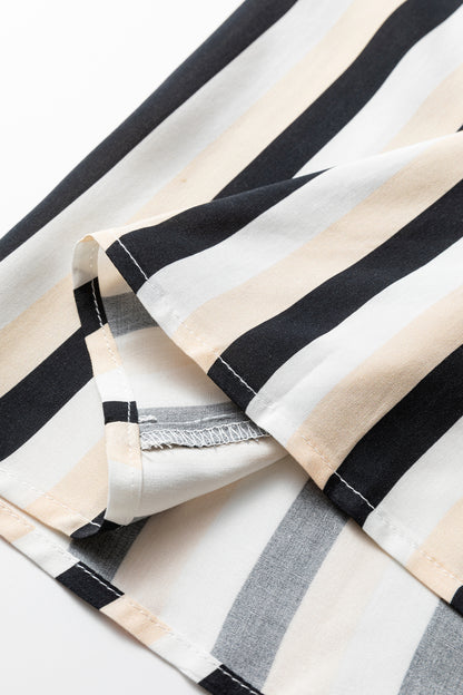 Black Stripe 3/4 Puff Sleeve Shirt Style Button Down Midi Dress - Cowaa