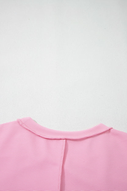 Pink Horizontal Ribbed Exposed Seam Detail Drop Shoulder Baggy Pullover - Cowaa