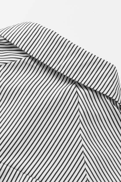 Black Striped Casual Shirred Cuffs Shirt - Cowaa