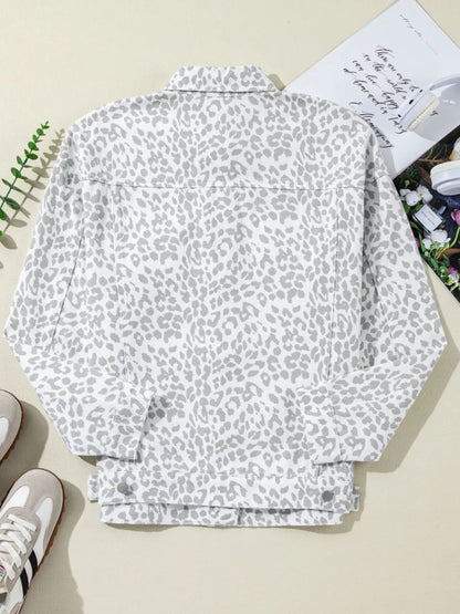 Leopard Button Up Long Sleeve Denim Jacket - Cowaa