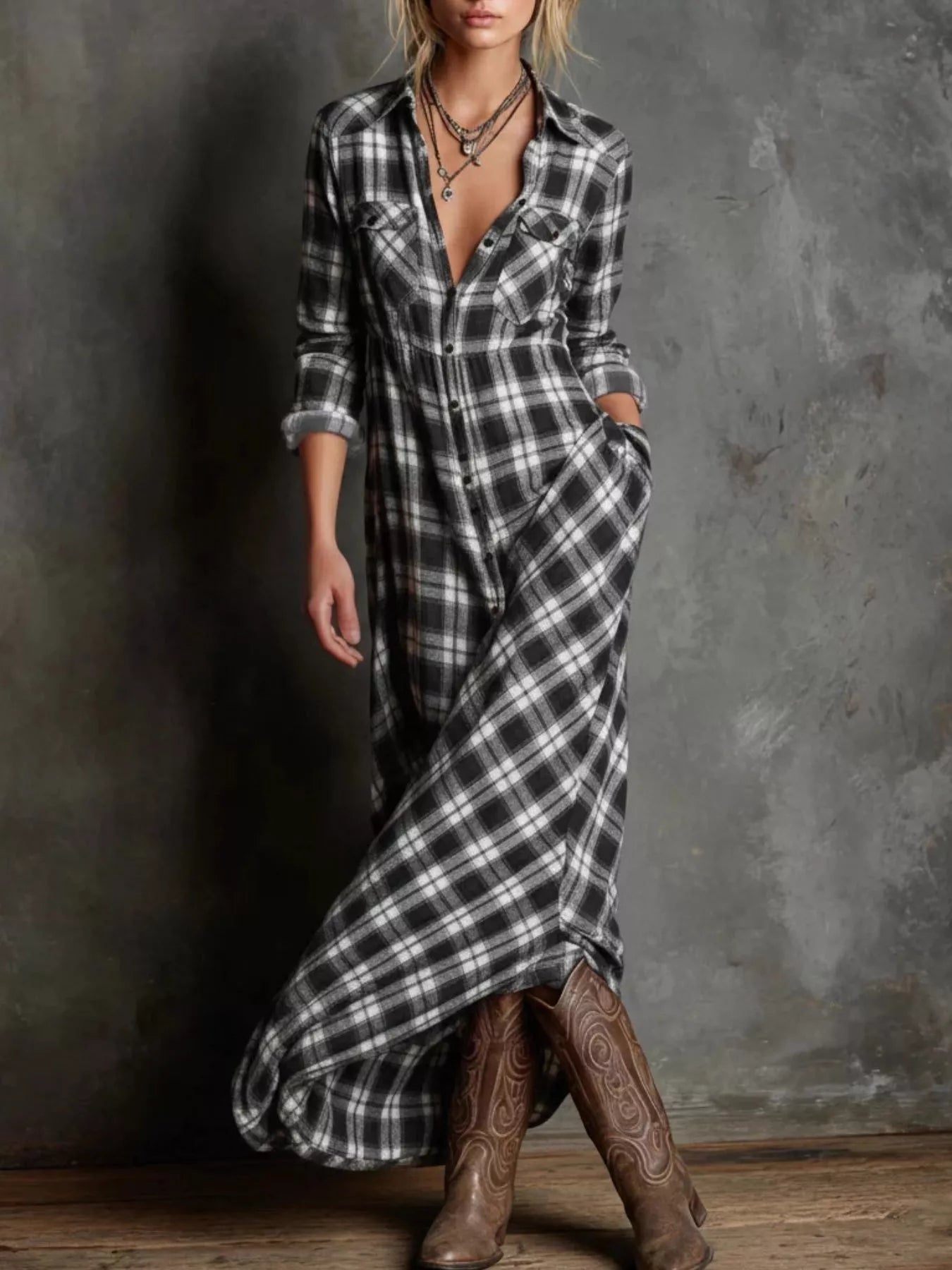 Full Size Plaid Button-Down Maxi Dress Plus Size.