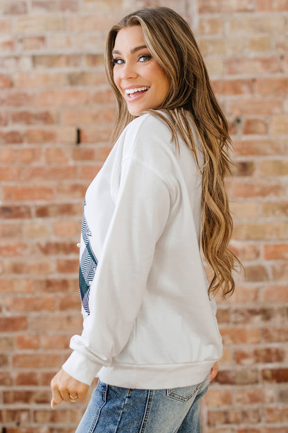 White Pearl Plaid Christmas Tree Patched Drop Shoulder Sweatshirt