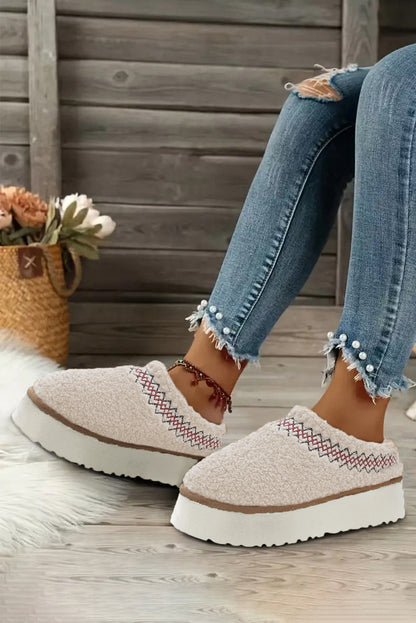 White Suede Contrast Print Plush Platform Snow Boots - Cowaa