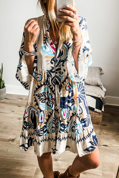 White Ethnic Print Boho Button Tiered Mini Dress - Cowaa