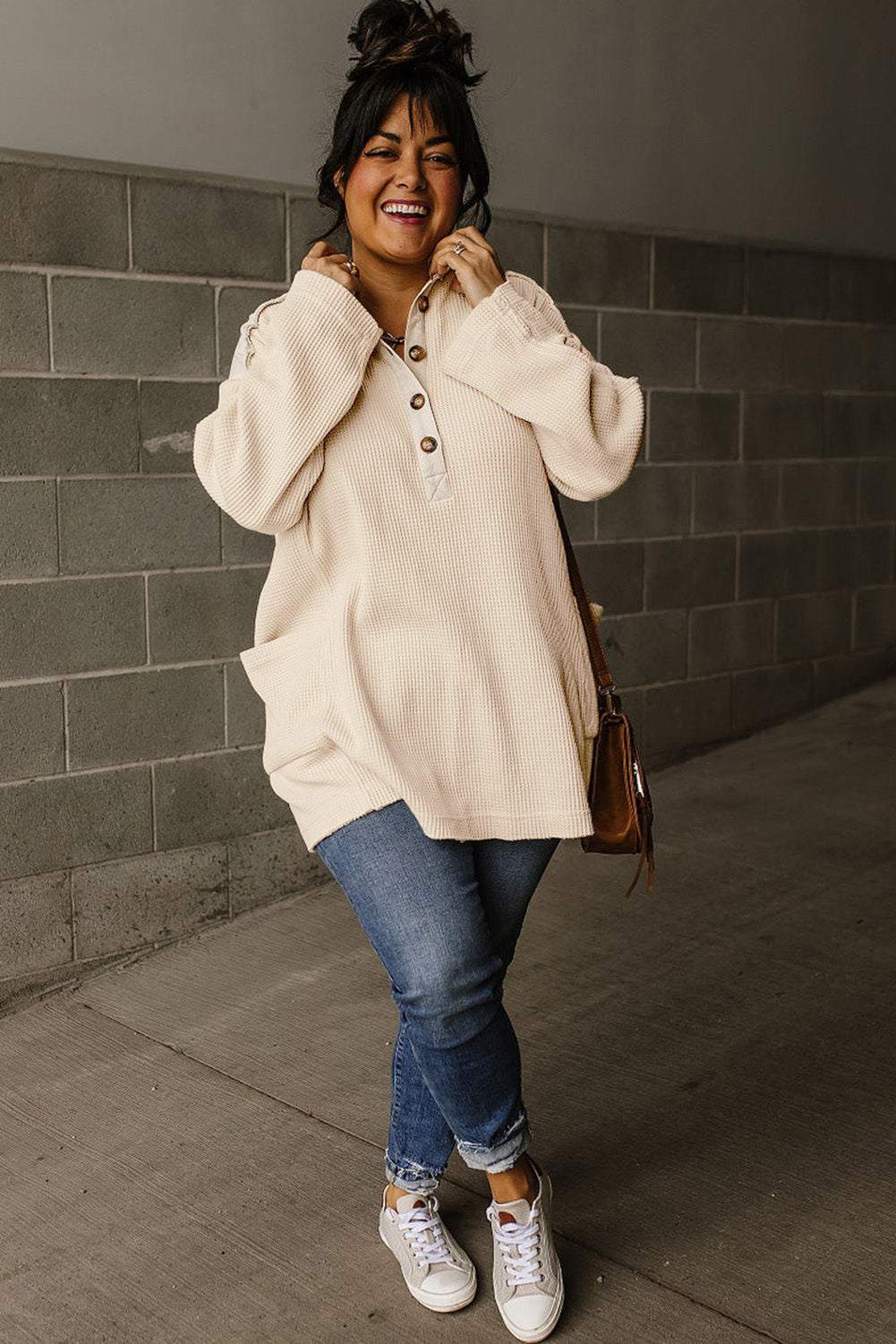 Pink Waffle Patchwork Drop Sleeve Henley Top - Cowaa