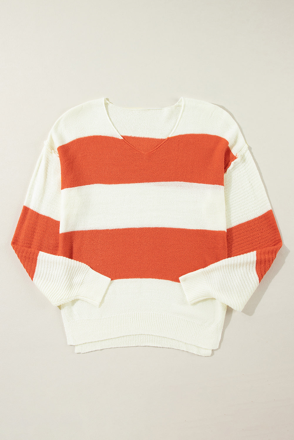 Red Stripe Colorblock V Neck Side Slits Sweater - Cowaa