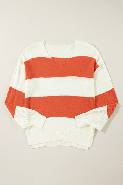 Red Stripe Colorblock V Neck Side Slits Sweater - Cowaa