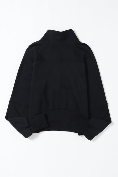 Brown Zip Up Stand Collar Thumbhole Sleeve Sweatshirt - Cowaa