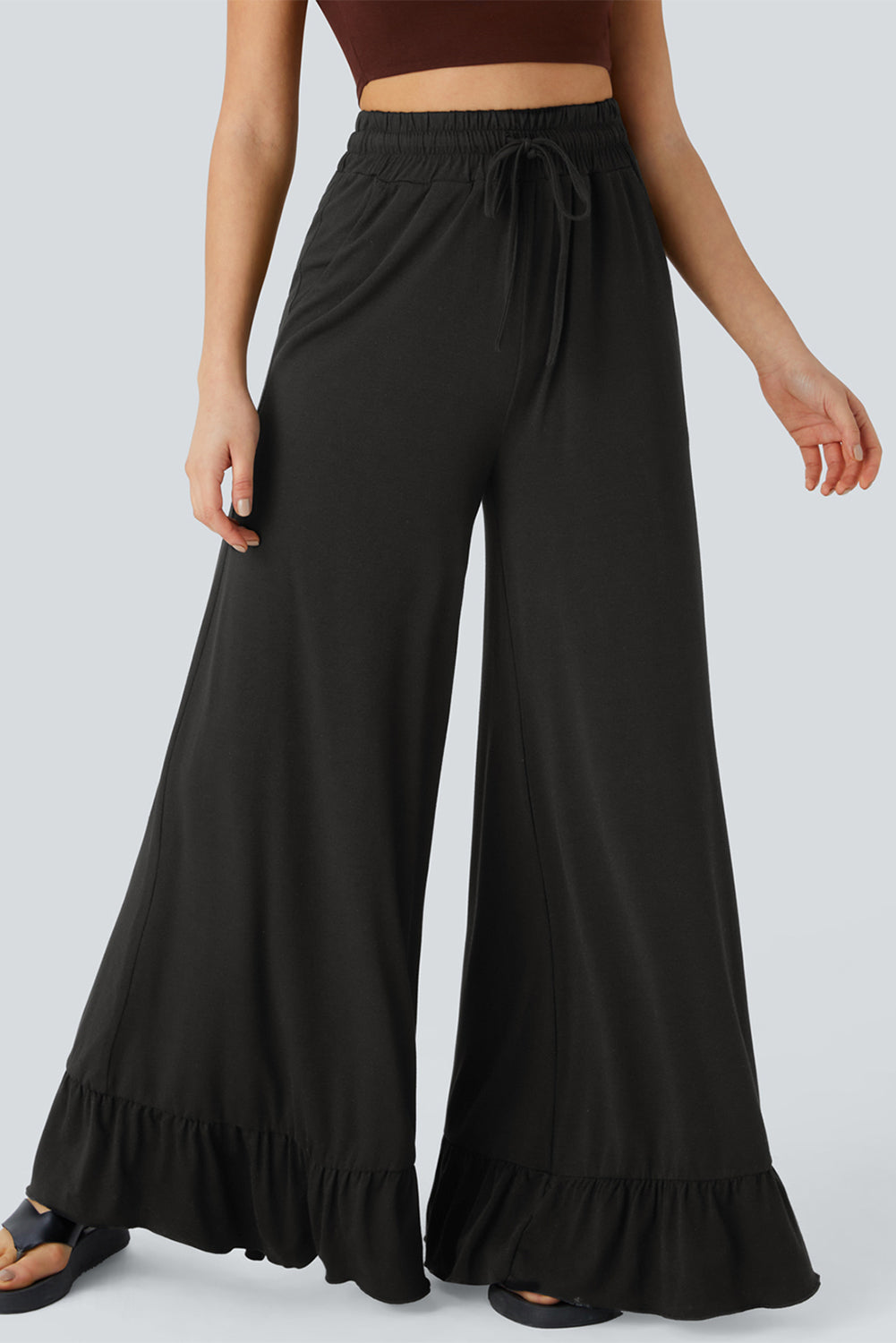 Dune Solid Color Ruffle Hem Wide Leg Pants - Cowaa