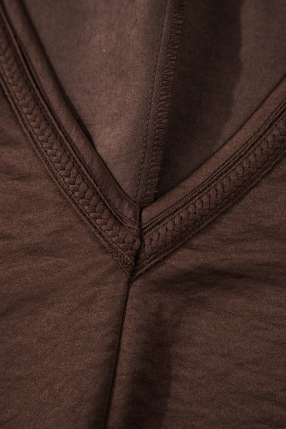 Dark Brown Braided V Neck Long Sleeve Loose Top and Drawstring High Waist Pants 2pcs Outfit - Cowaa