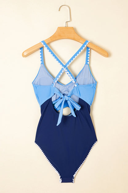 Beau Blue Ric Rac Trim Contrasted Patchwork Cutout One Piece Swimsuit - Cowaa