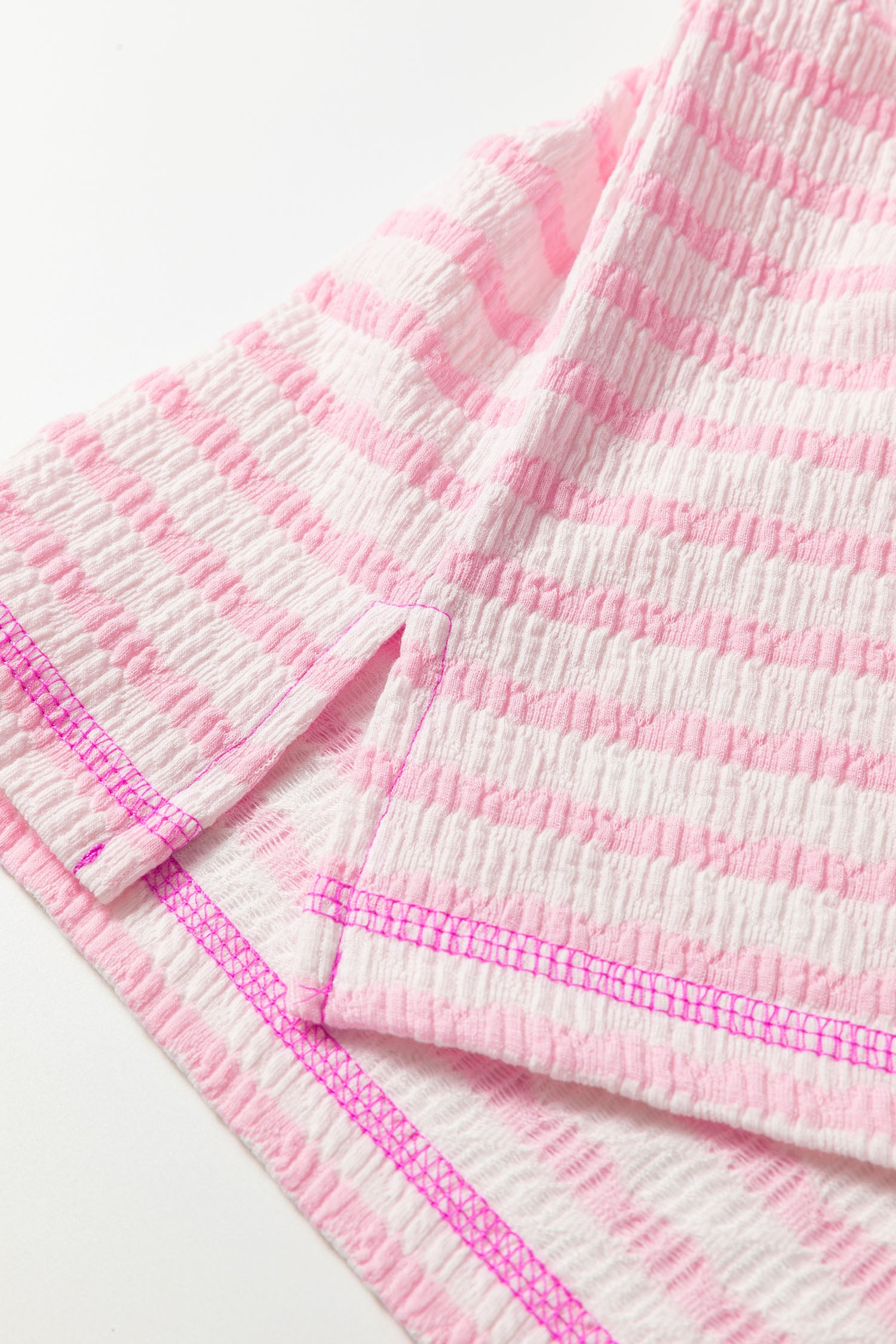 Pink Stripe Textured Knit Split Hem Half Sleeve Loose Top - Cowaa