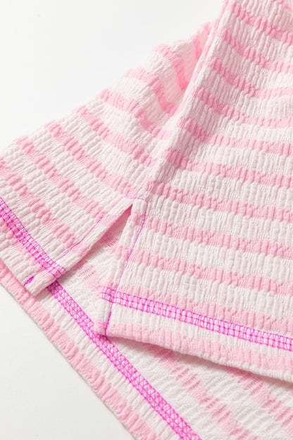 Pink Stripe Textured Knit Split Hem Half Sleeve Loose Top - Cowaa