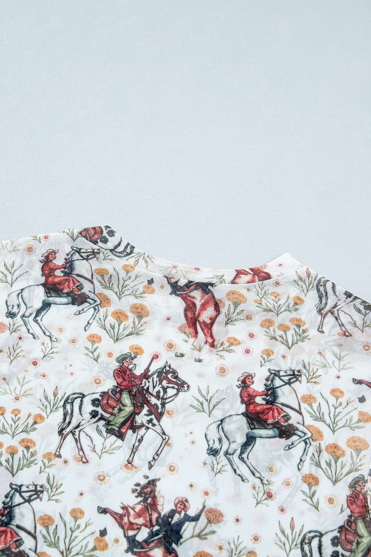 Brown Western Cowboy Floral Print Sheer Mesh Long Sleeve Top