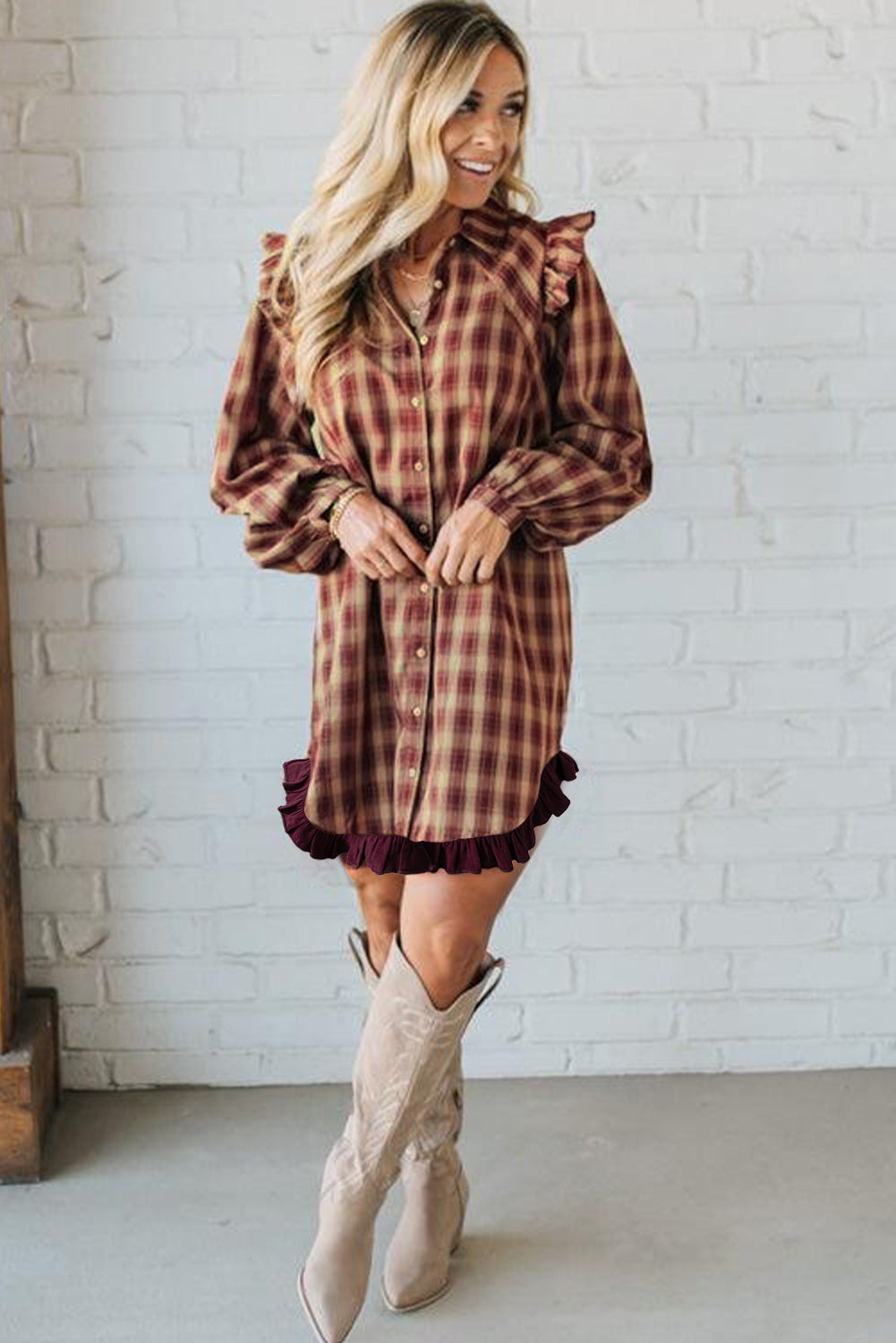 Red Plaid Print Ruffled Long Sleeve Patchwork Hem Mini Shirt Dress - Cowaa