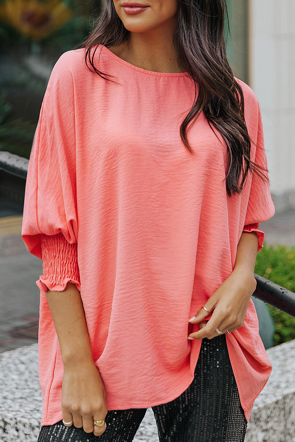 Apricot Solid Casual Smocked Cuffs Batwing Sleeve Blouse - Cowaa