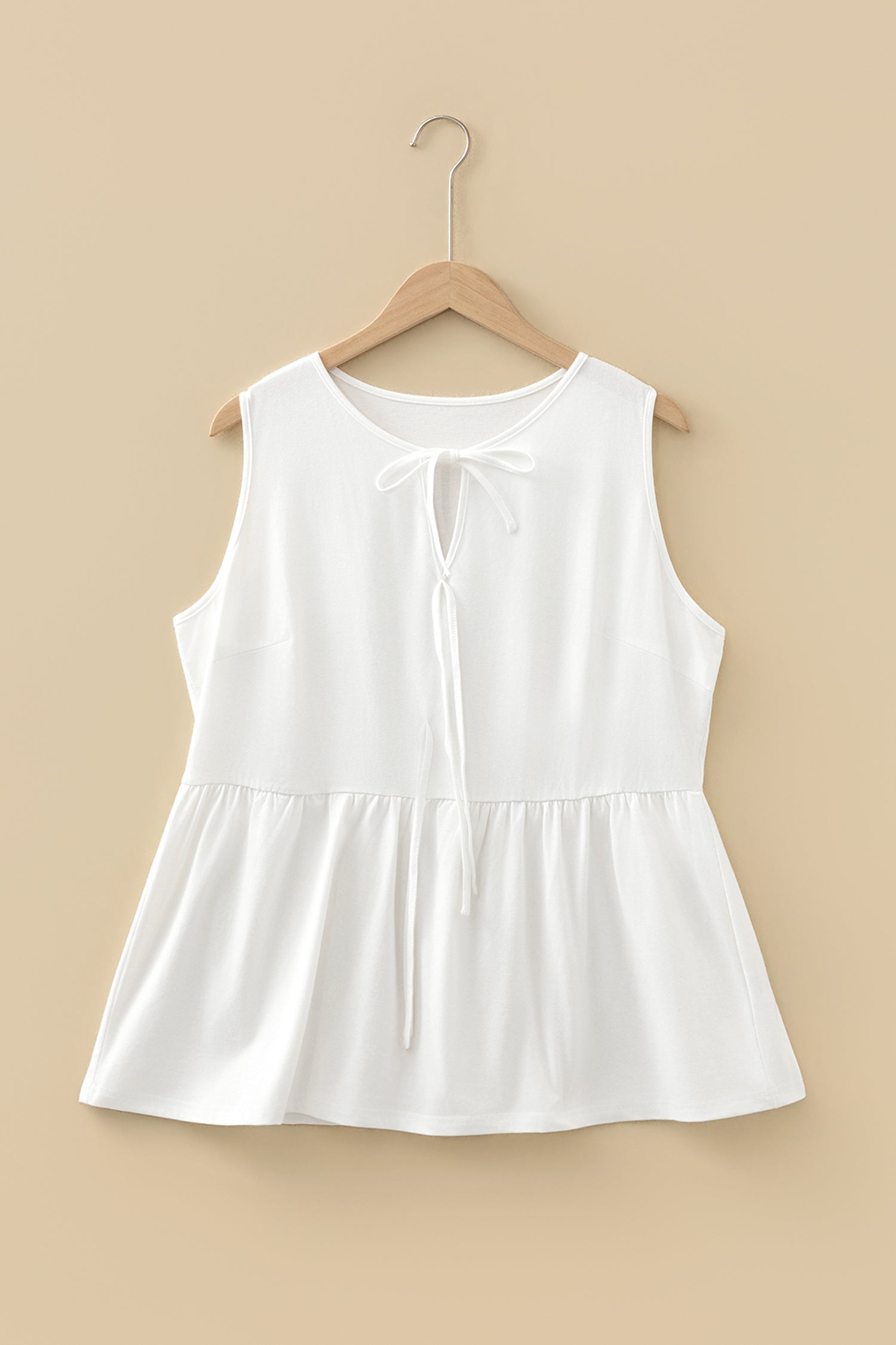 White Plus Size Solid Color Bow Tie Peplum Tank Top - Cowaa