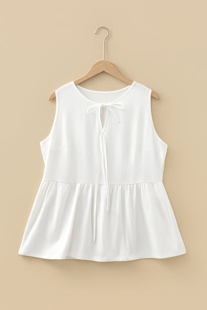 White Plus Size Solid Color Bow Tie Peplum Tank Top - Cowaa