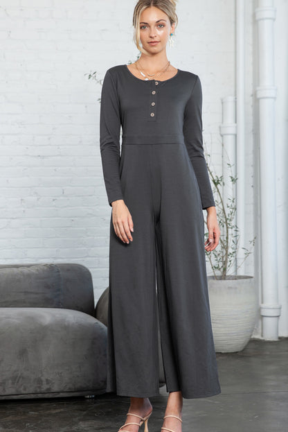 Dark Grey Henley Long Sleeve Wide Leg Jumpsuit with Pockets - Cowaa