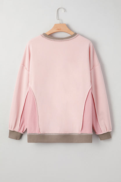 Light Pink Colorblock Waffle Patchwork Oversize Sweatshirt - Cowaa