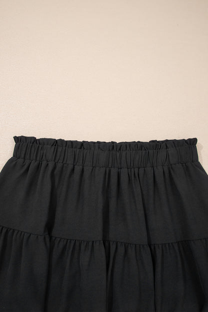 Black Plus Size Frilled Elastic Waist Lace Trim Boho Ruffled Shorts - Cowaa