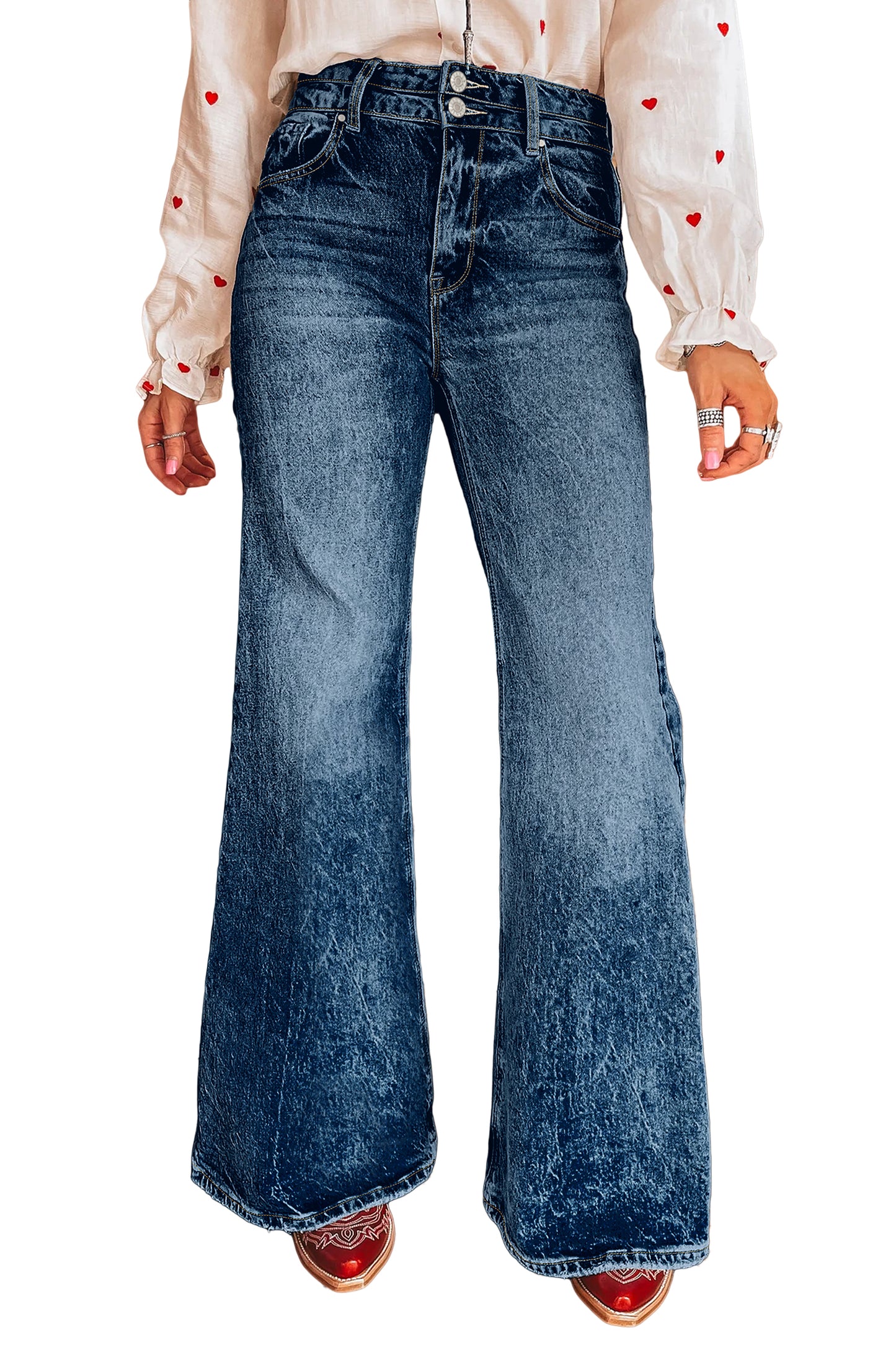 Sail Blue Acid Wash Pocket Detail Flare Jeans