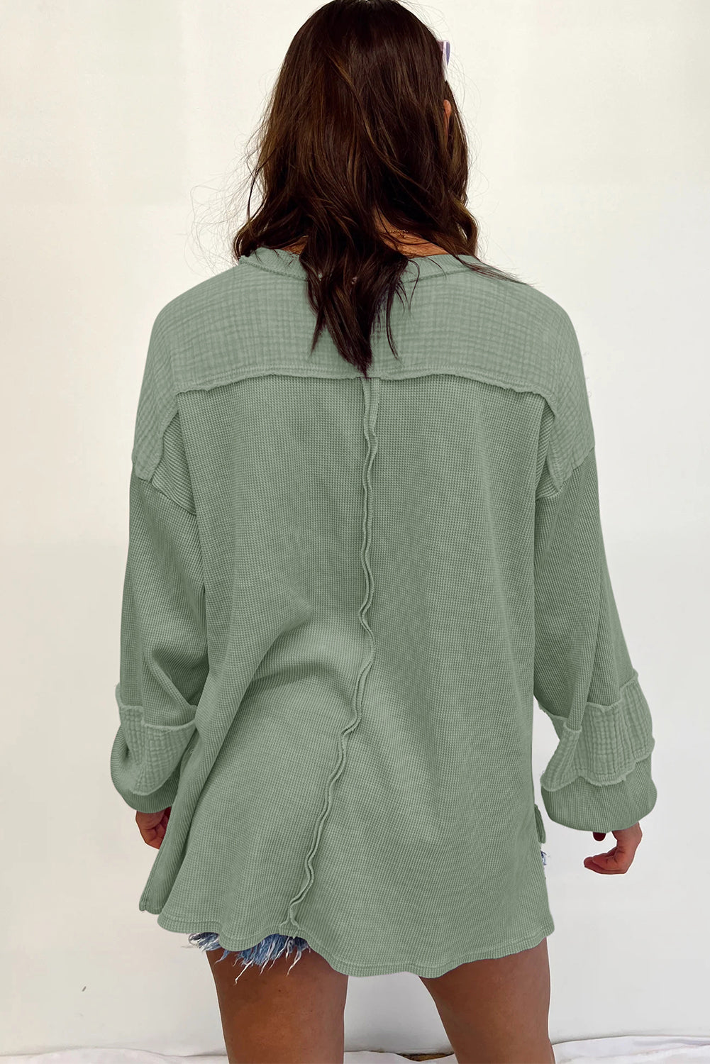 Crinkle Patchwork Long Sleeve Top - Cowaa