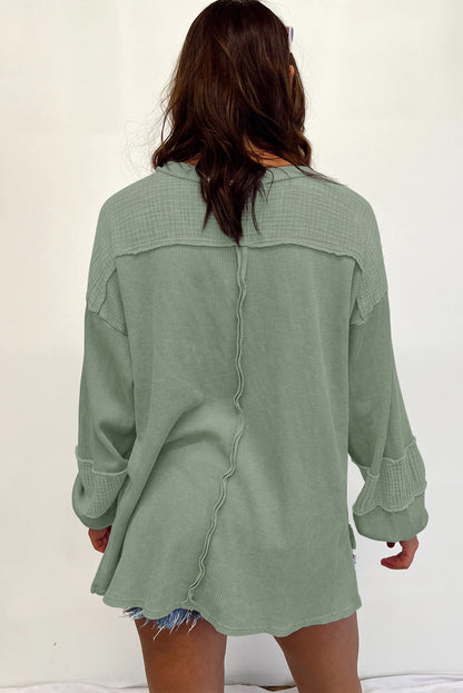 Crinkle Patchwork Long Sleeve Top - Cowaa