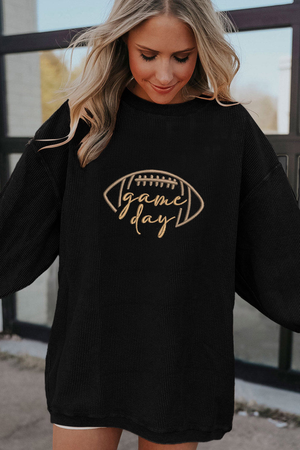 Black Rugby Game Day Embroidered Corduroy Sweatshirt - Cowaa