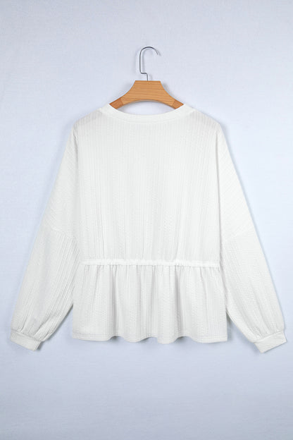 White Solid Color Textured Drop Shoulder Long Sleeve Peplum Top
