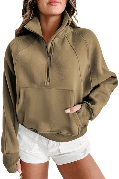 Brown Zip Up Stand Collar Thumbhole Sleeve Sweatshirt - Cowaa