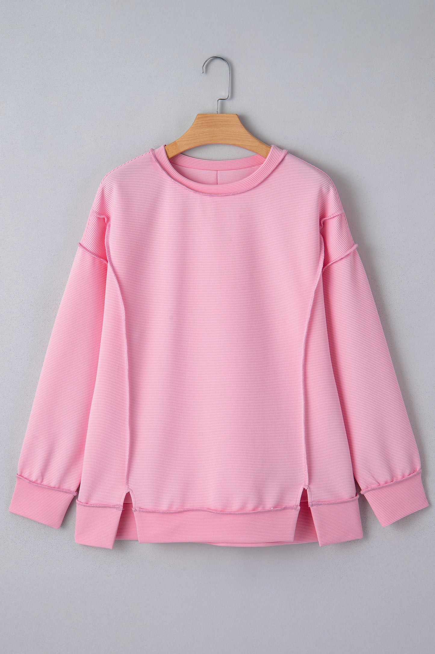 Pink Horizontal Ribbed Exposed Seam Detail Drop Shoulder Baggy Pullover