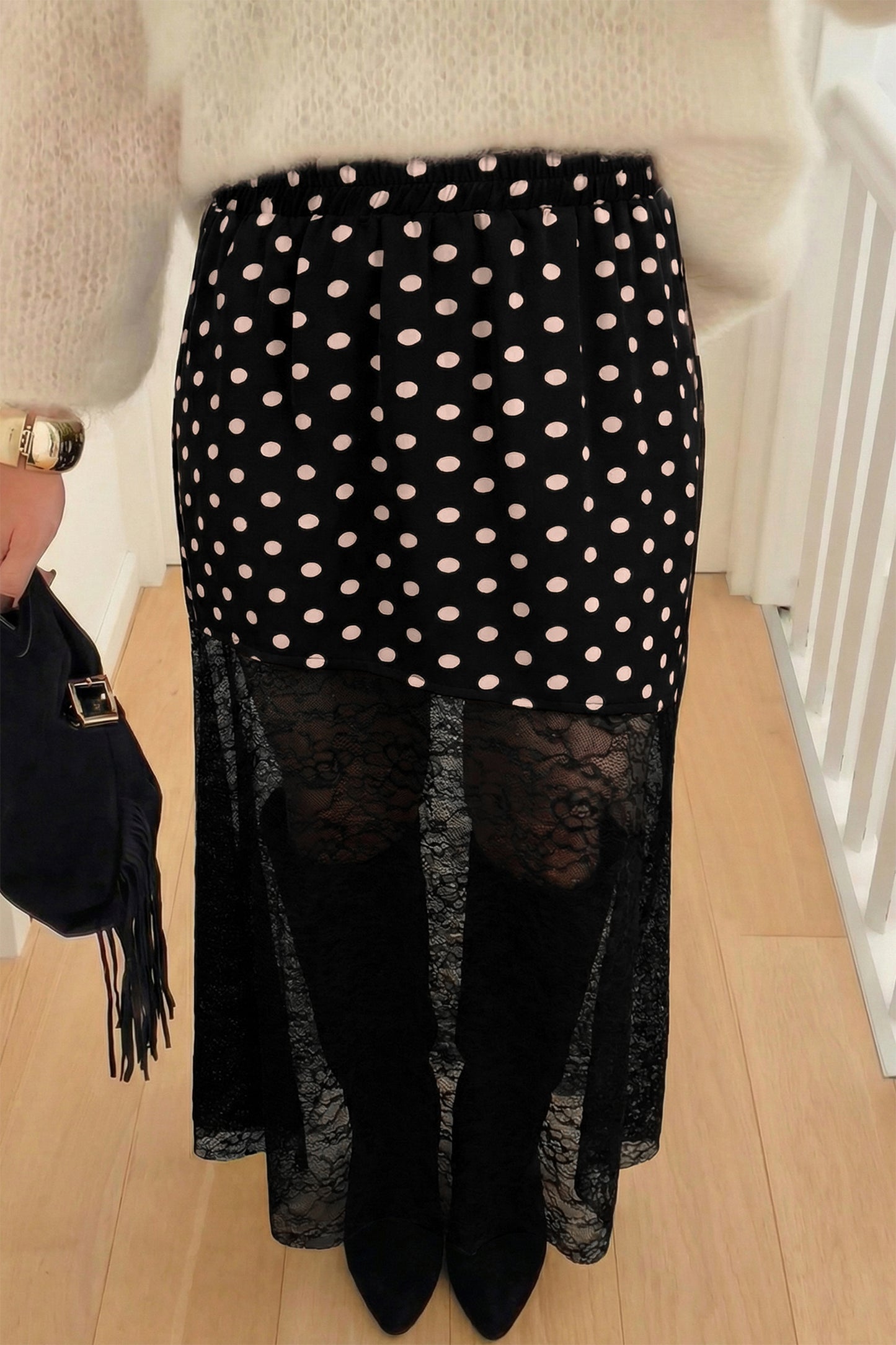 Black Asymmetric Polka Dot Print Sheer Lace Patchwork Maxi Skirt.