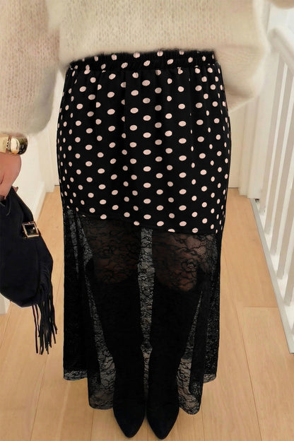 Black Asymmetric Polka Dot Print Sheer Lace Patchwork Maxi Skirt.