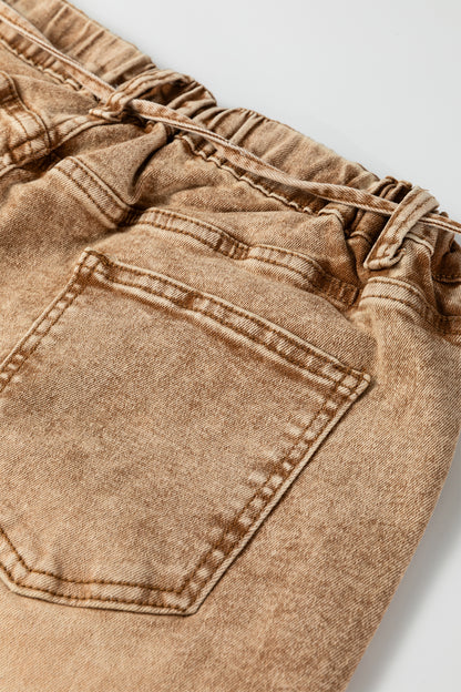 Smoke Gray Acid Wash Barrel Fit Denim Pants with Waist String - Cowaa