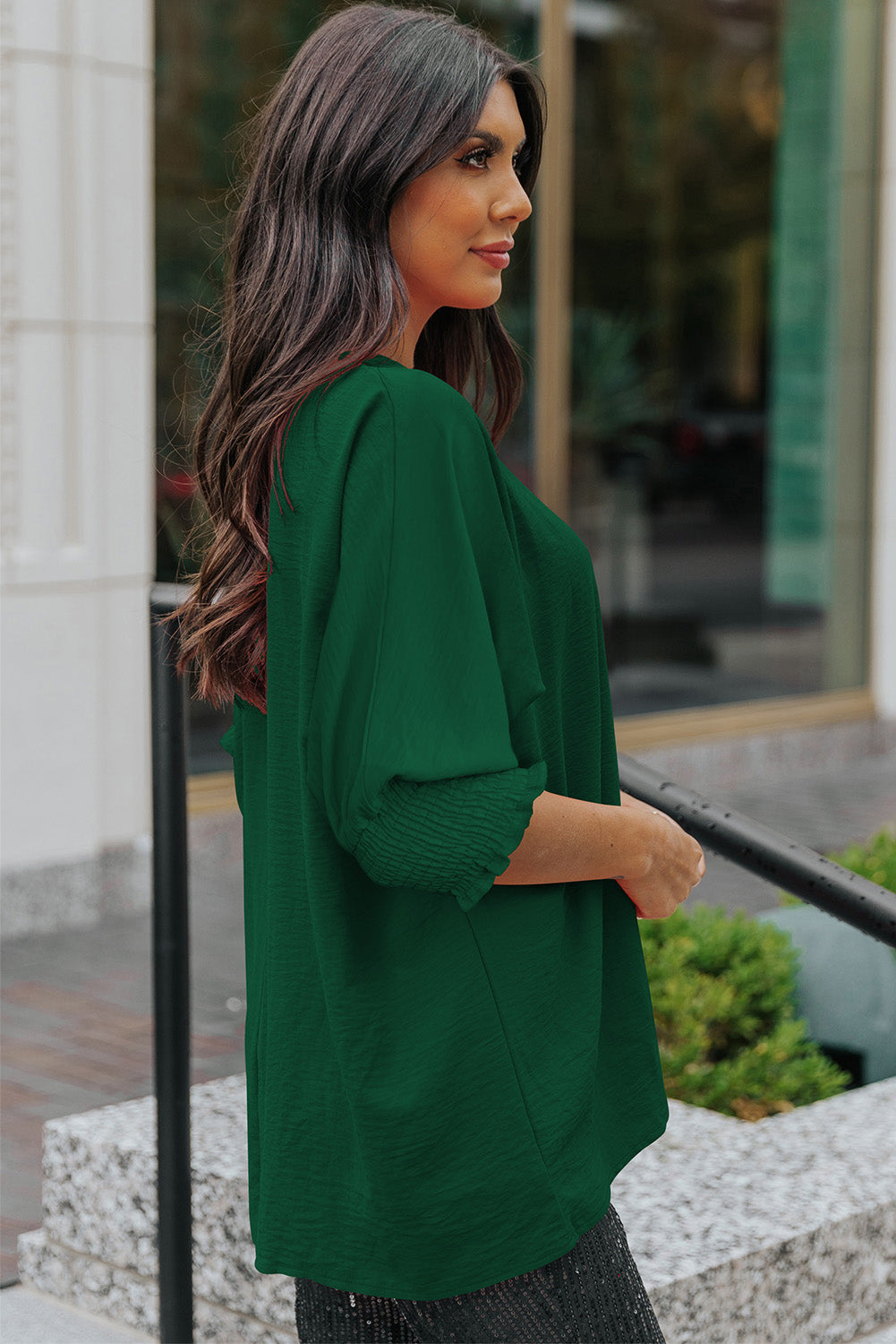 Apricot Solid Casual Smocked Cuffs Batwing Sleeve Blouse - Cowaa