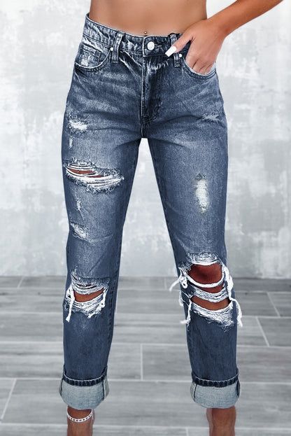 Sky Blue Light Wash Frayed Slim Fit High Waist Jeans - Cowaa