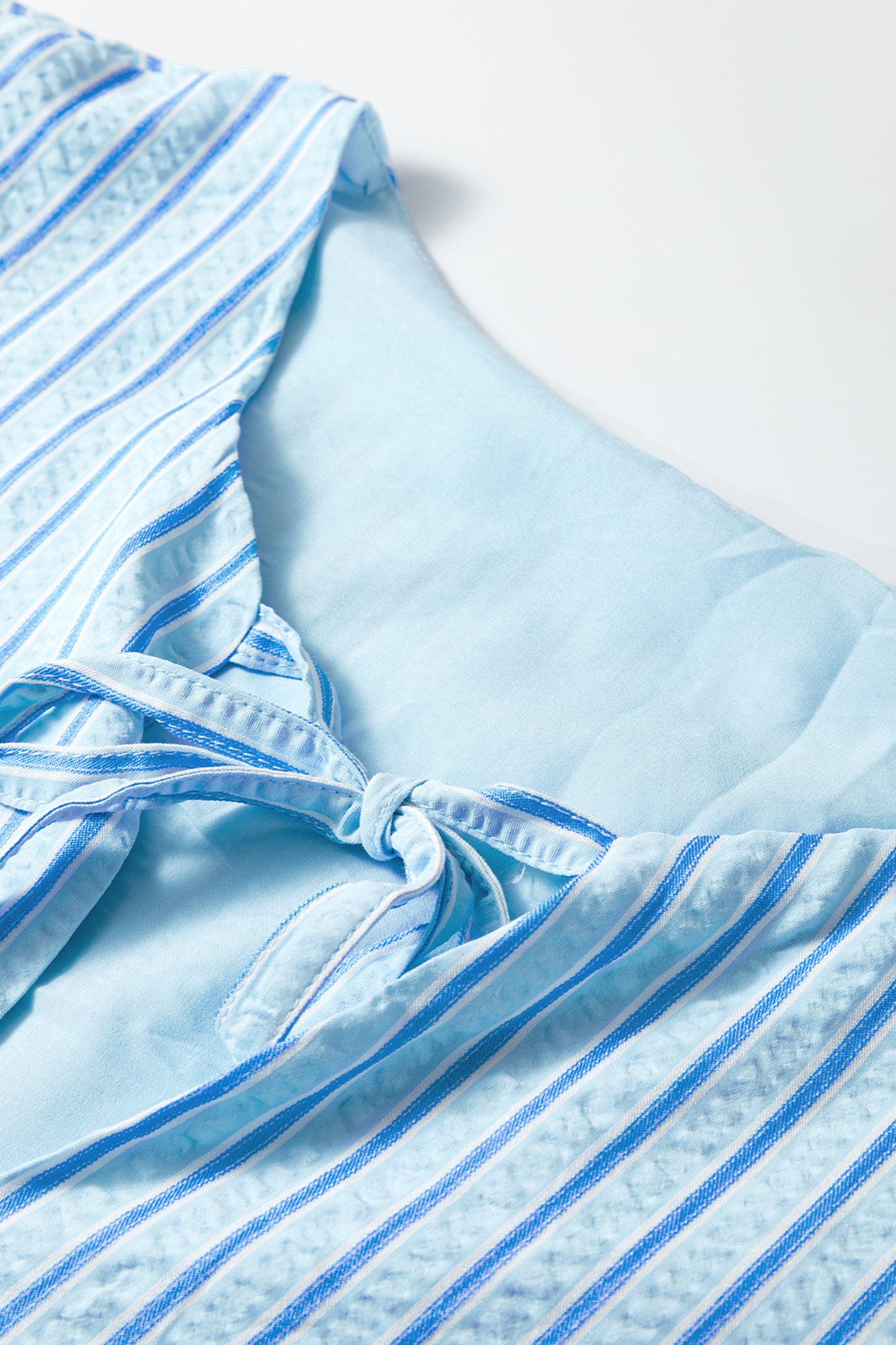 Sky Blue Stripe Bow Knot Textured Short Puff Sleeve Babydoll Blouse - Cowaa