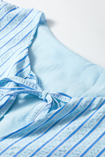 Sky Blue Stripe Bow Knot Textured Short Puff Sleeve Babydoll Blouse - Cowaa