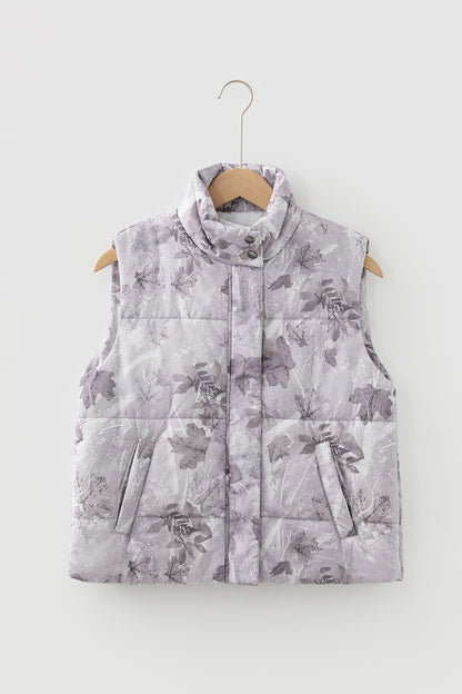 Gray Camo Leaf Print Winter Puffer Vest - Cowaa